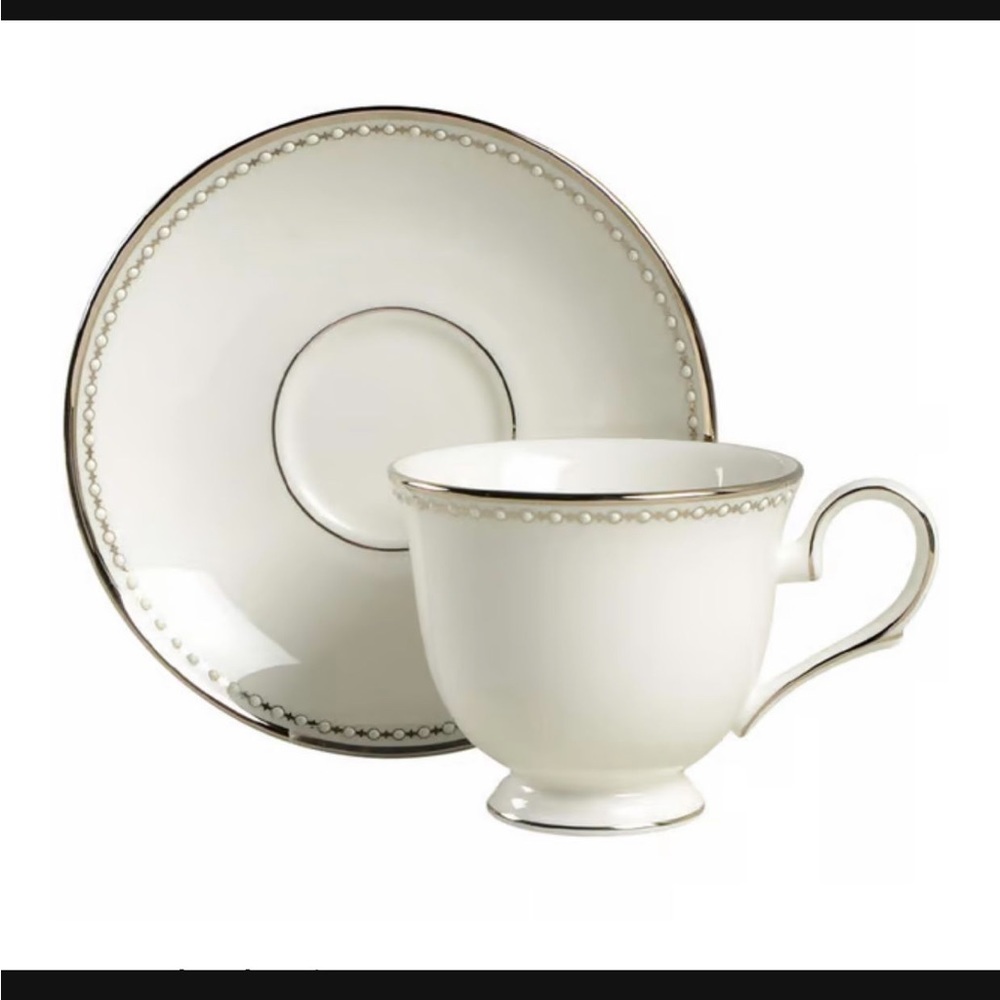 Lenox’s Pearl Platinum Footed Teacups And Saucer. New! Never Used! Set of 16